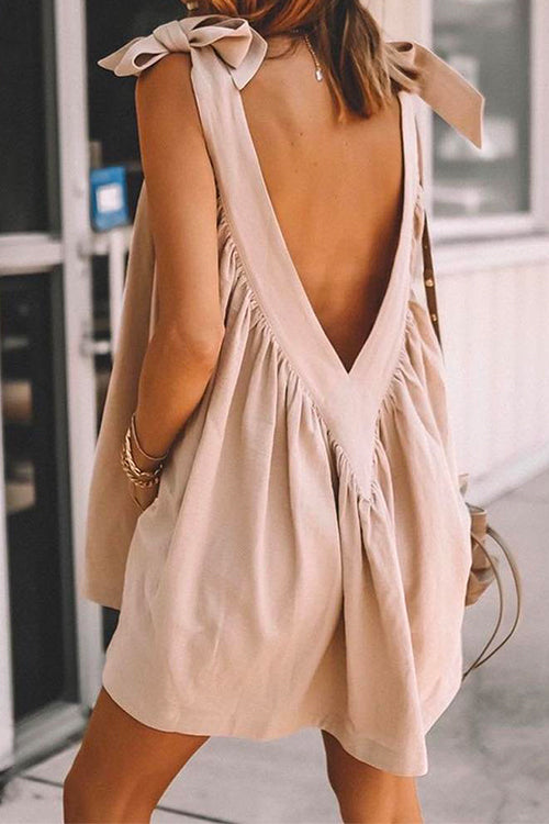 V Neck Bow Knot Shoulder Backless Mini Cami Dress