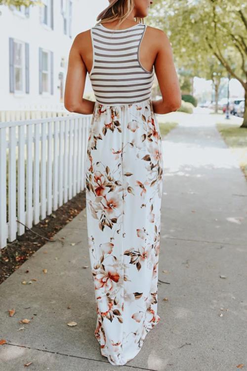 Striped Floral Splice Sleeveless Maxi Dress