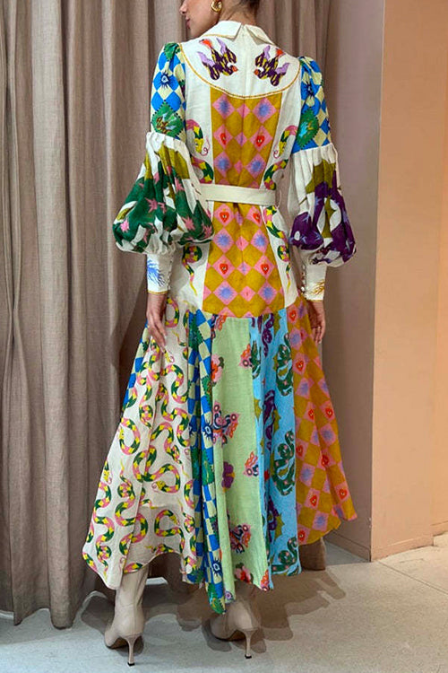 Balloon Long Sleeves Belted Unique Printed Swing Maxi Shirtdress
