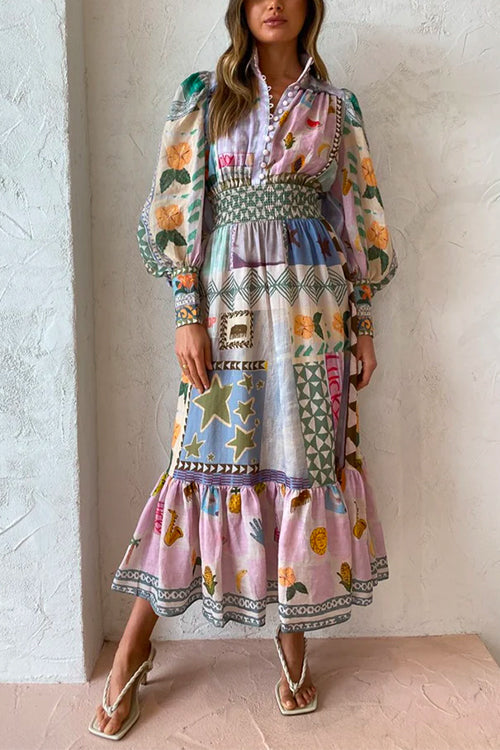 Puff Sleeves Smocked Waist Unique Printed Ruffle Maxi Dress