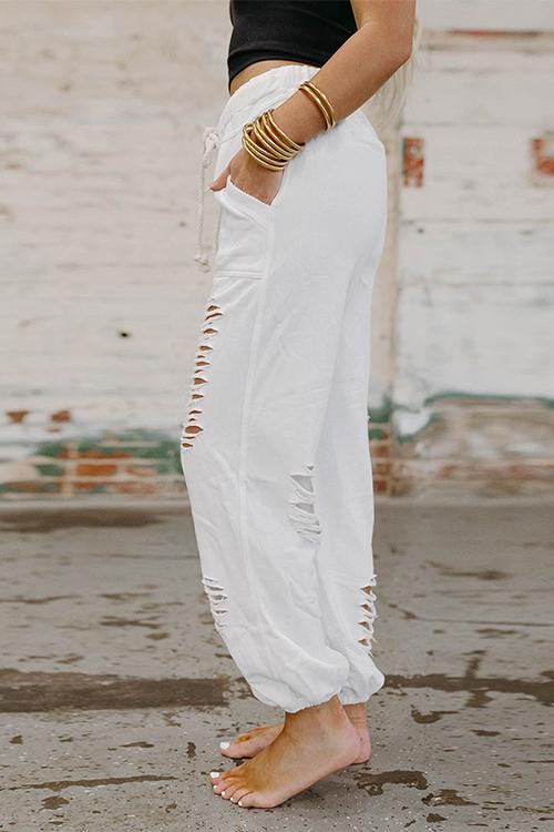 Tie Waist Ripped Cut Out Joggers with Pockets