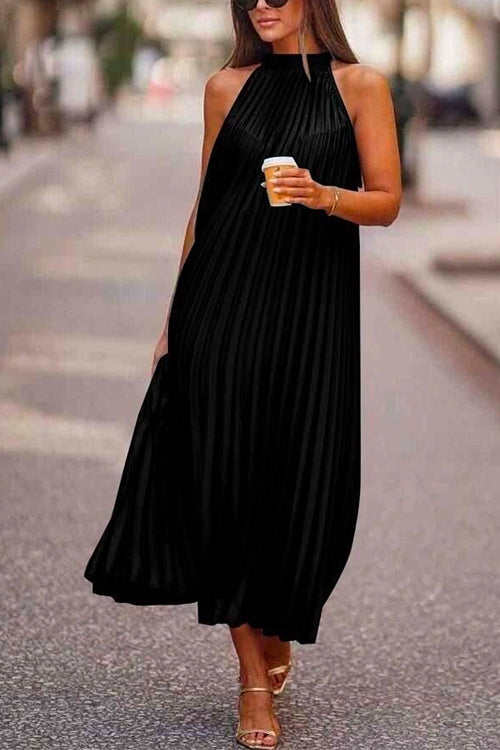 Solid Sleeveless Pleated A-line Holiday Dress