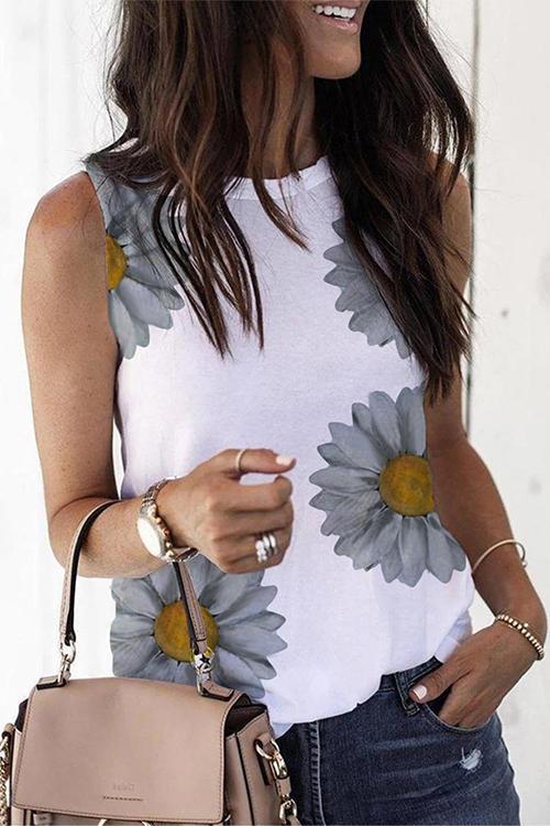 Crewneck Sleeveless Sunflower Printed Tops