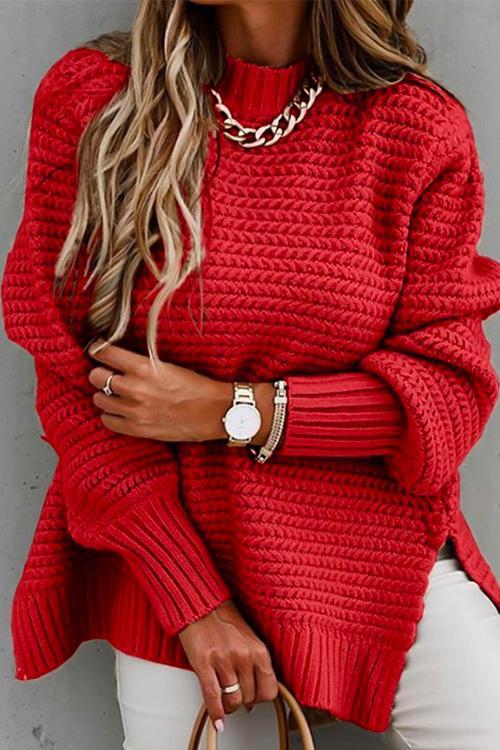Mockneck Side Split Chunky Knit Sweater