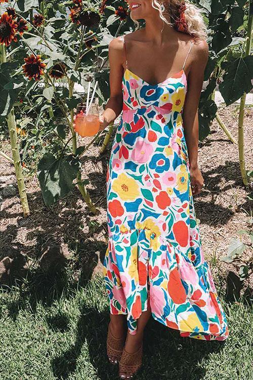 V Neck Floral Print Maxi Cami Dress