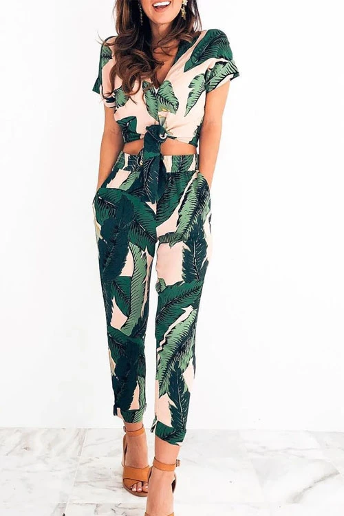 Crop Top Leaves Pattern Two-Piece Outfits