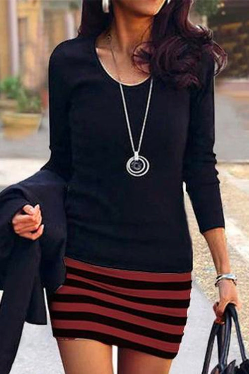 Crewneck Long Sleeve Stripes Splice Dress