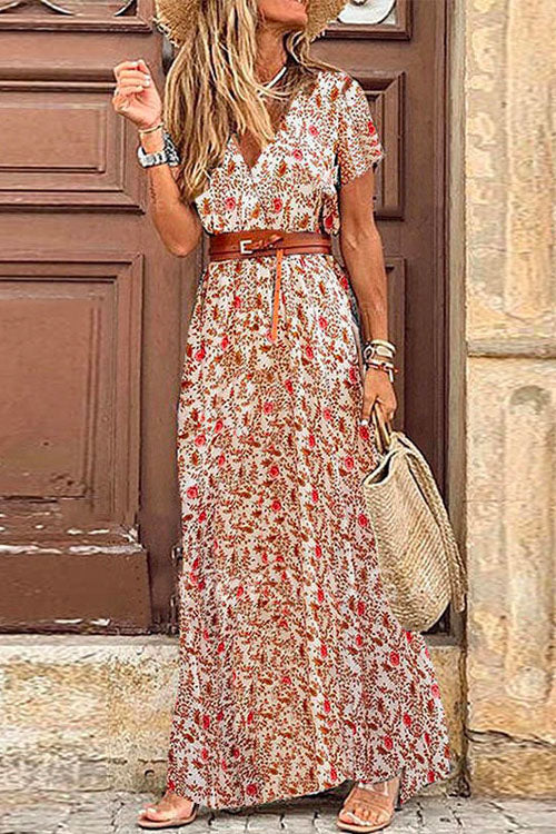 Bohemia Wrap V Neck High Split Printed Dress