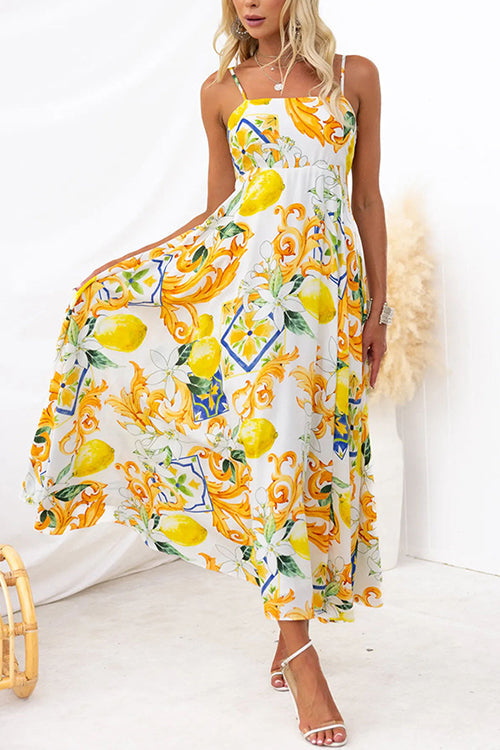 Bow Back High Waist Printed Maxi Cami Dress