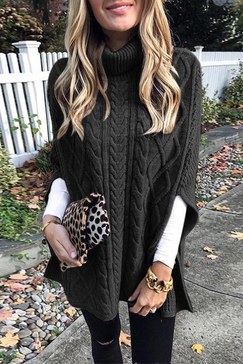 Solid Turtleneck Slit Sleeve Cloak Sweater