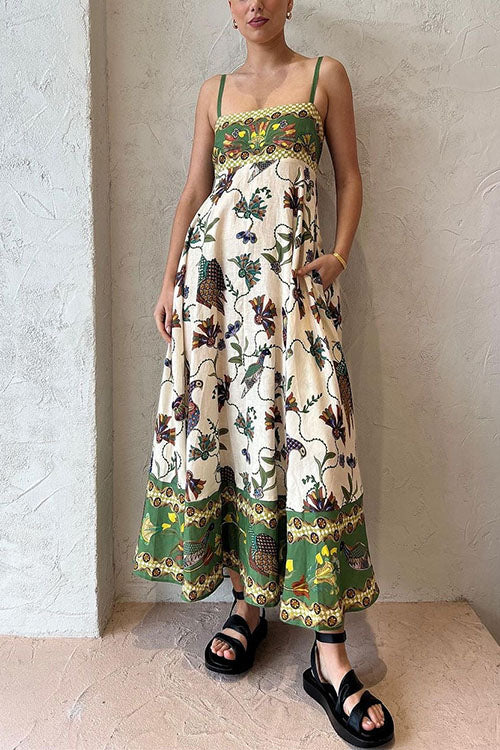 Spaghetti Strap Empire Waist Unique Print Swing Maxi Dress