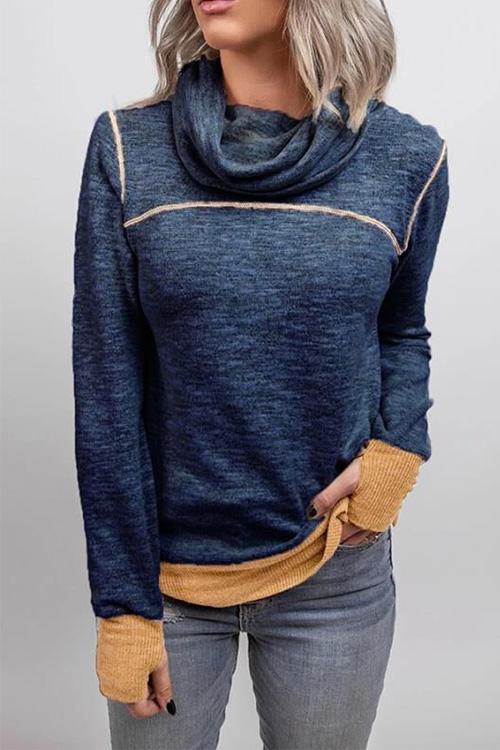 Casual Cowl Neck Color Block Pullover with Thumb Hole