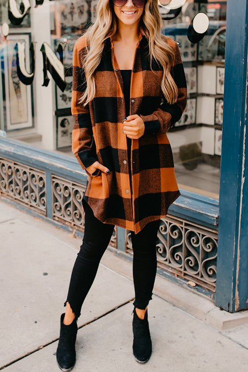 Vintage Curve Hem Button Down Plaid Shacket Jacket