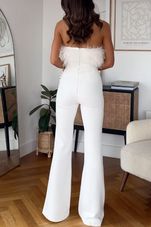Strapless Feather Tube Top Flare Bottoms Jumpsuit