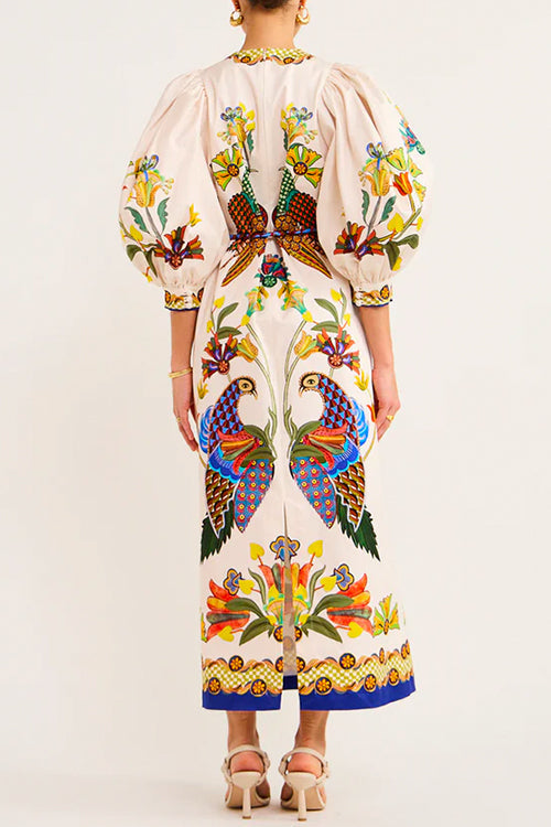 3/4 Puff Sleeves Back Slit Birdie Printed Maxi Dress