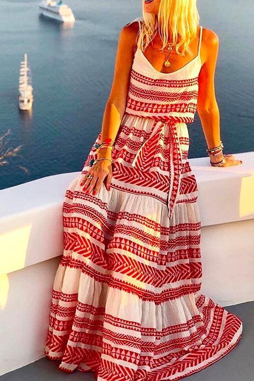 Bohemia V Neck Tie Waist Printed Maxi Cami Dress