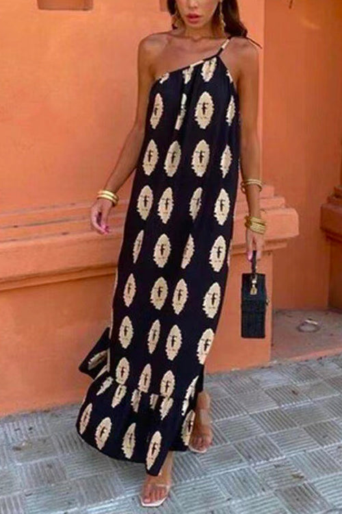 Tie Knot One Shoulder Boho Printed Maxi Vacation Dress