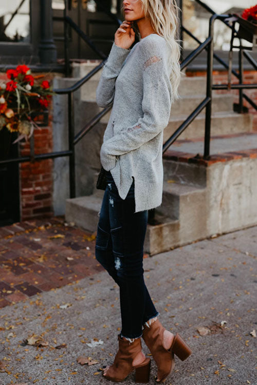 Crewneck Side Split Ripped Comfy Sweater