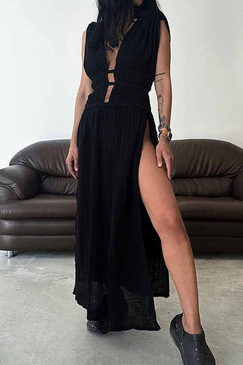 Deep V Neck Cut Out High Slit Cotton Linen Maxi Beach Dress