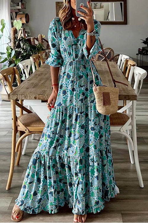 V Neck Drawstring Waist Ruffle Tiered Printed Maxi Holiday Dress