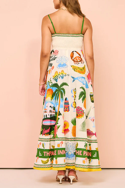 Spaghetti Strap Tropic Print Swing Maxi Vacation Dress