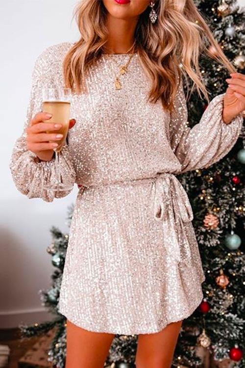 Solid Lantern Sleeves Tie Waist Sequine Mini Dress