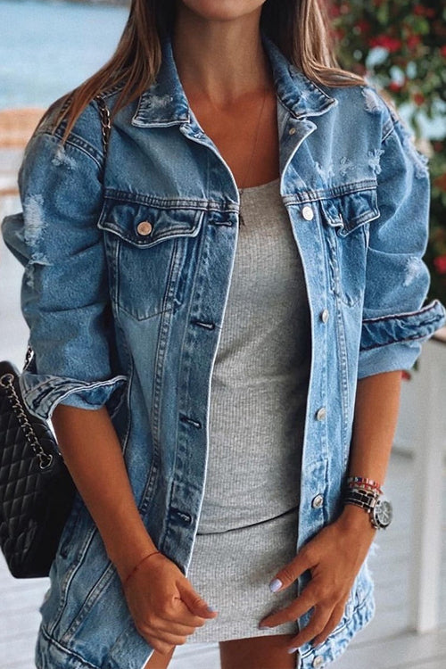 Button Down Ripped Distressed Denim Coat