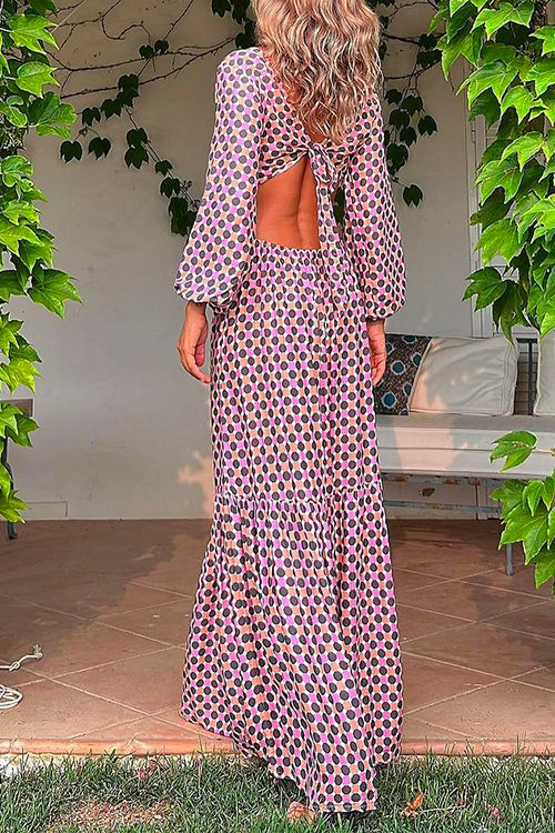 Deep V Neck Tie Back Cut Out Polka Dot Maxi Ruffle Dress