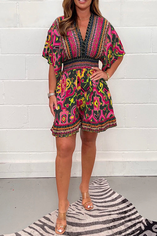 V Neck High Waist Wide Leg Printed Ruffle Romper
