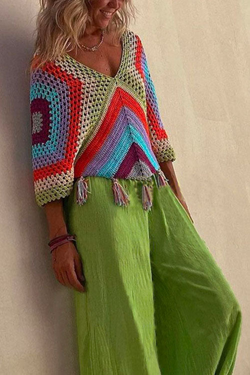 V Neck Rainbow Color Block Tassel Hollow Out Crochet Top