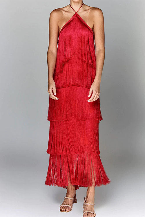 Chicest Halter Ruffle Layered Fringe Maxi Party Dress