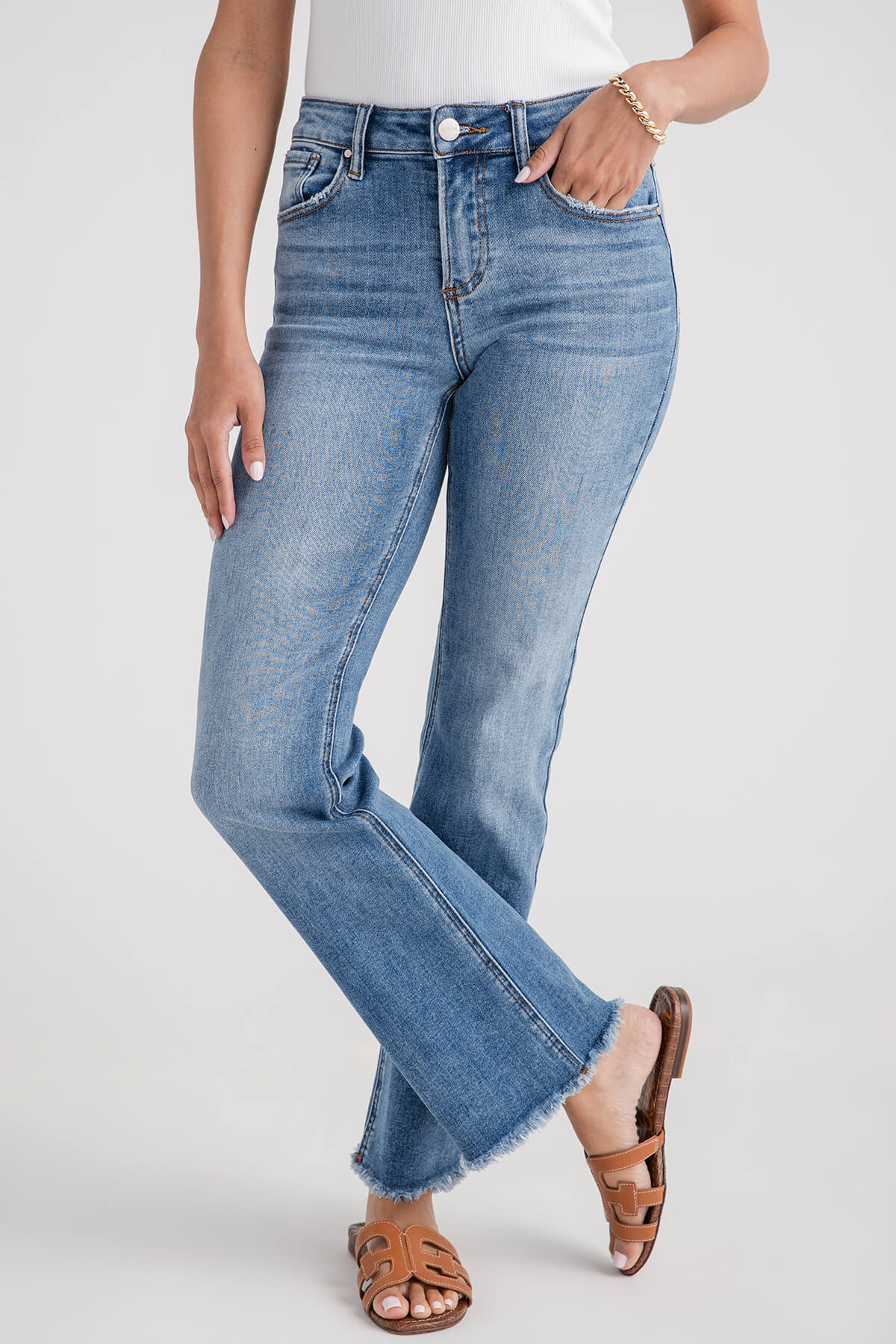 Risen Leah Mid Rise Fray Hem Bootcut Jeans