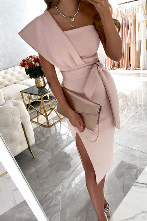 Solid Knot Waist Side Split Pencil Dress