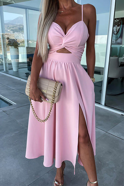 V Neck Backless Twist Front Cut Out Slit Cami Party Dress