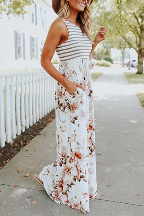 Striped Floral Splice Sleeveless Maxi Dress