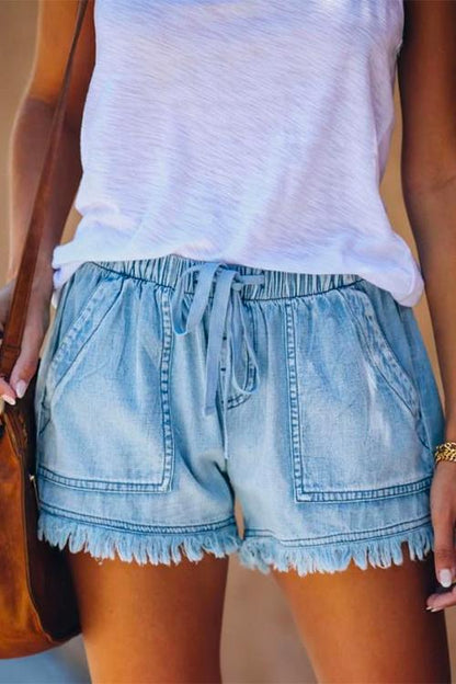 Drawstring Waist Pockets Raw Hem Shorts