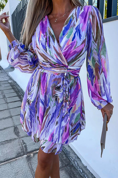 Wrap V Neck Waisted Ruffle Layered Printed Dress