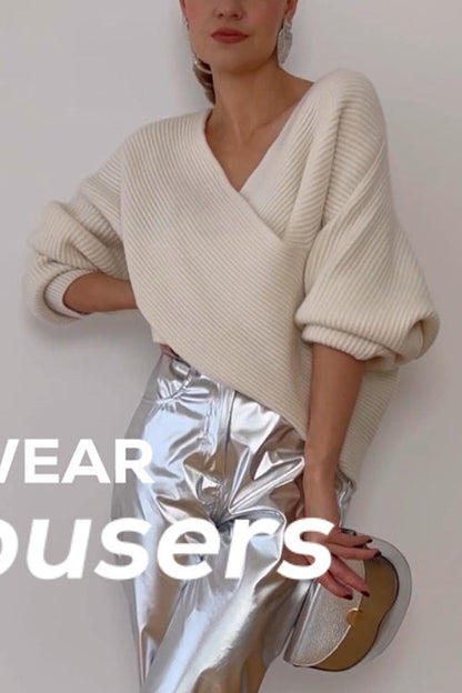 V Neck Batwing Sleeves Cross Front Sweater