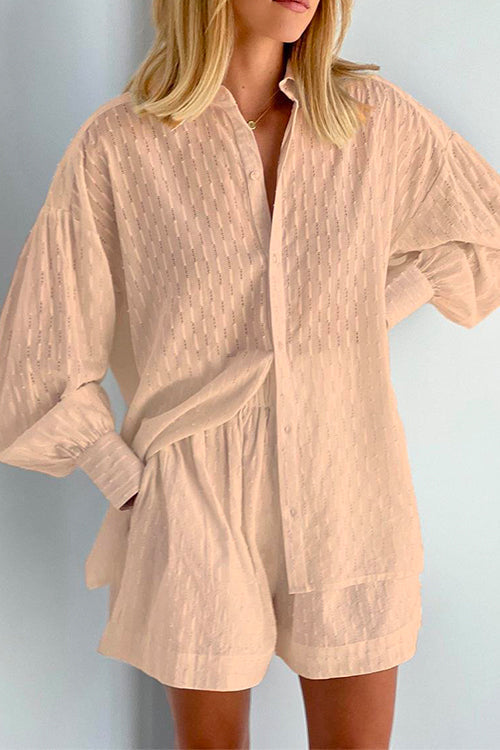 Bubble Long Sleeve Blouse Shirt Wide Leg Shorts Set