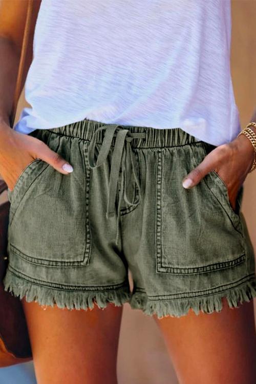 Drawstring Waist Pockets Raw Hem Shorts