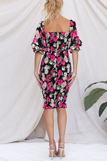 Square Neck Smocked Floral Print Midi Bodycon Dress