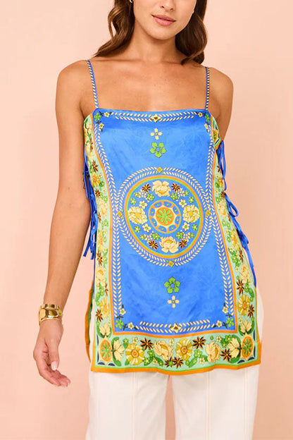 Bow Tie Side Split Cami Top Wide Leg Pants Printed Satin Set