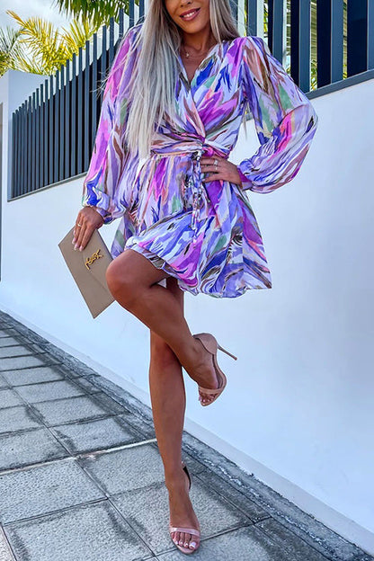 Wrap V Neck Waisted Ruffle Layered Printed Dress
