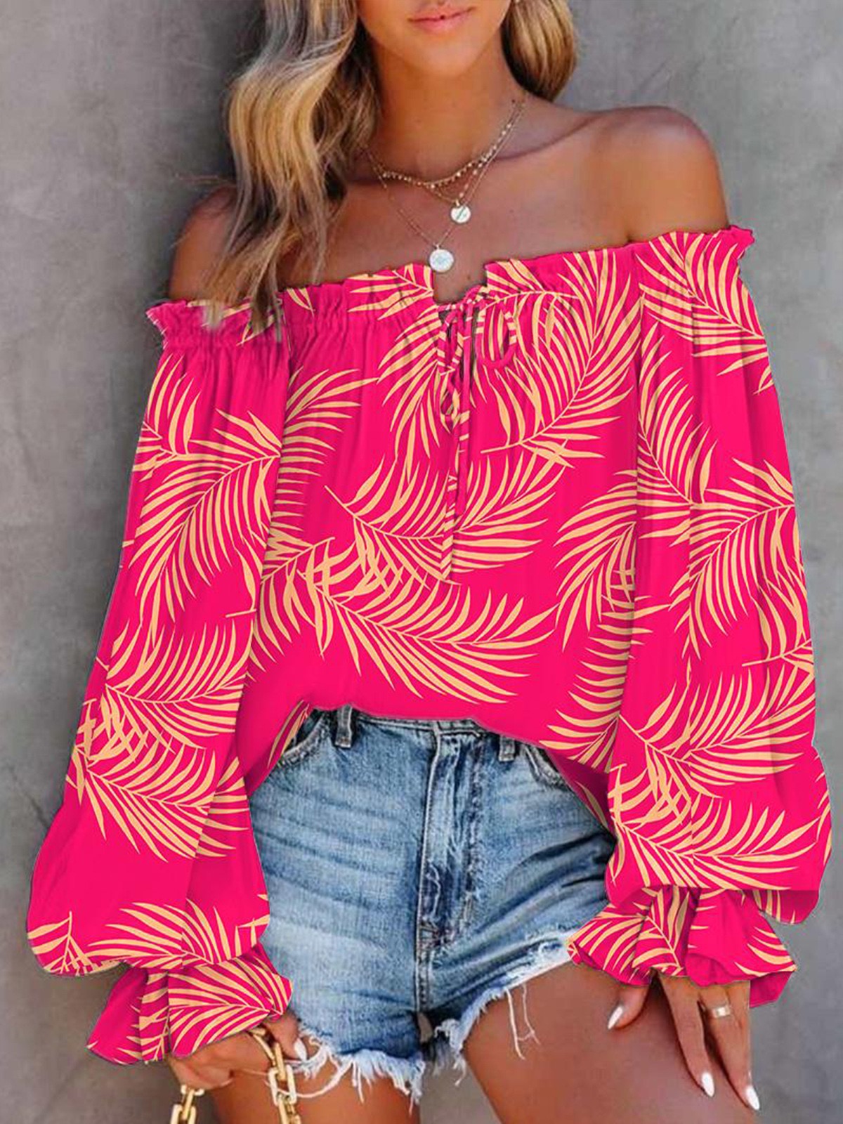 Off Shoulder Long Sleeve Printed Pullover Top