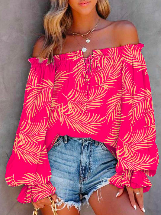 Off Shoulder Long Sleeve Printed Pullover Top