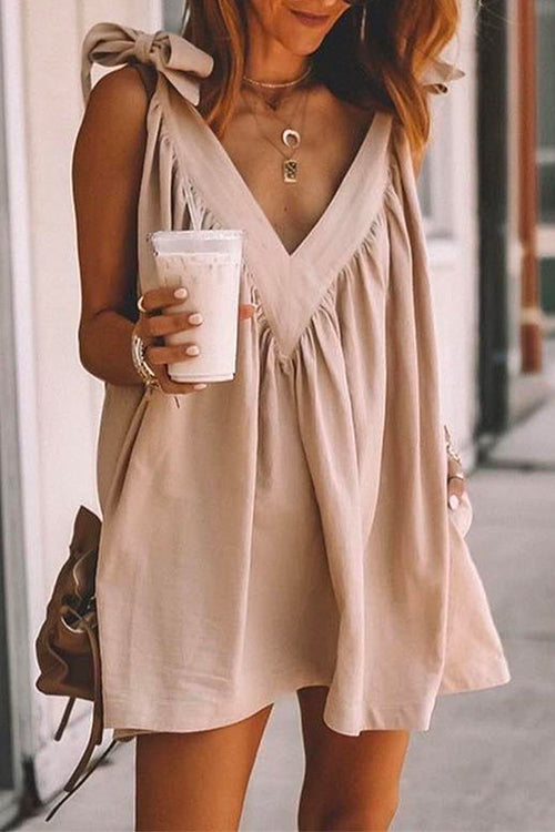 V Neck Bow Knot Shoulder Backless Mini Cami Dress