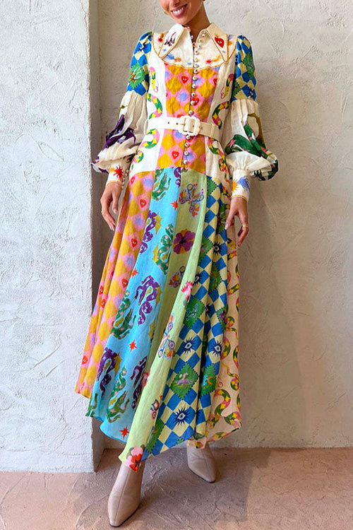 Balloon Long Sleeves Belted Unique Printed Swing Maxi Shirtdress