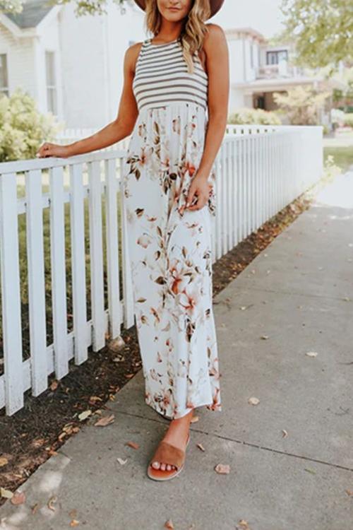 Striped Floral Splice Sleeveless Maxi Dress