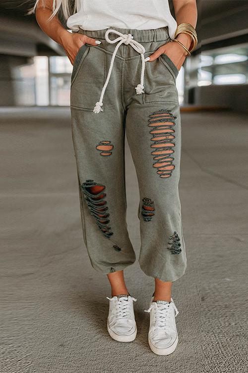 Tie Waist Ripped Cut Out Joggers with Pockets