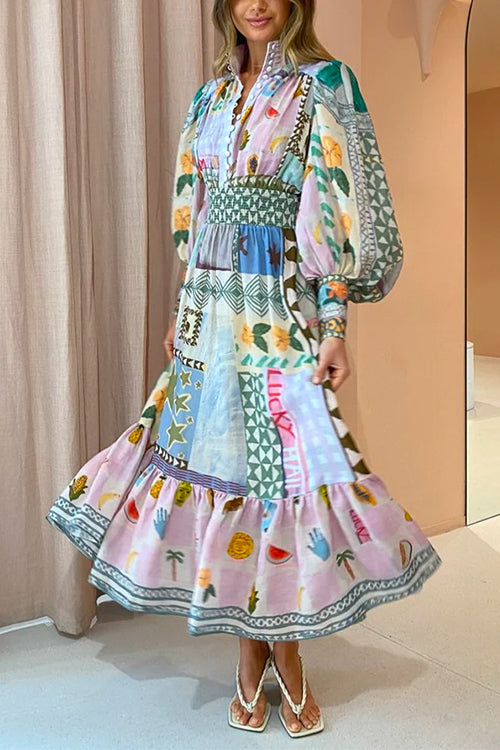 Puff Sleeves Smocked Waist Unique Printed Ruffle Maxi Dress